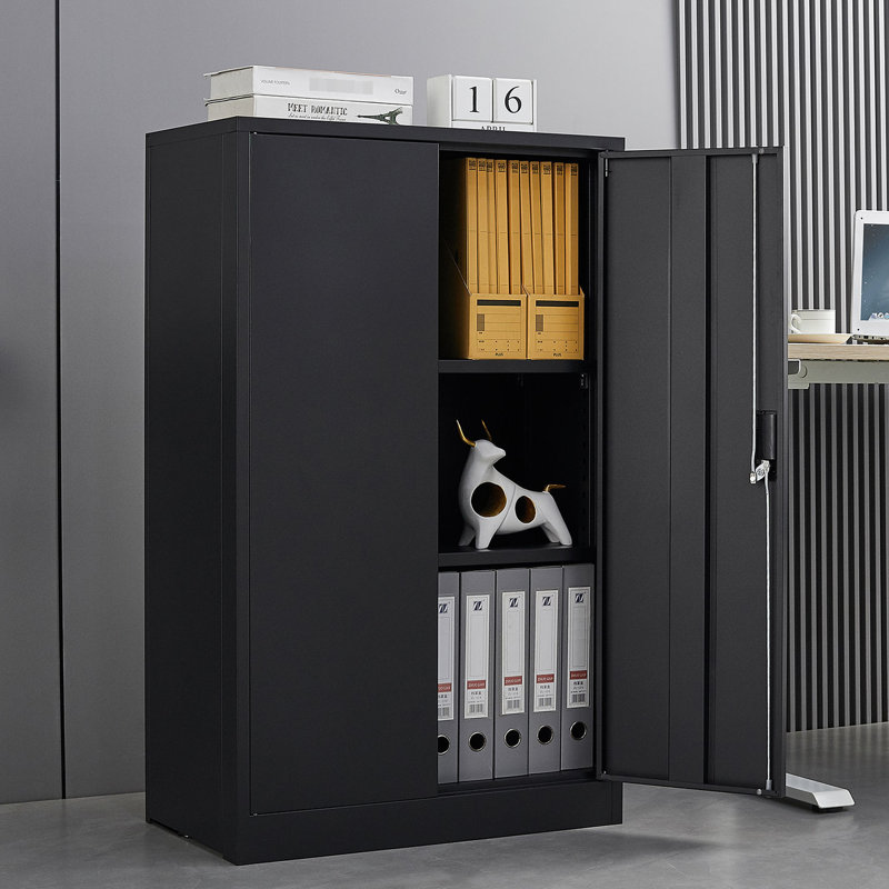 Black Storage Cabinet, Adjustable Height Dividers, Handle Locks, Spring Loaded Door Metal Exquisite, Black