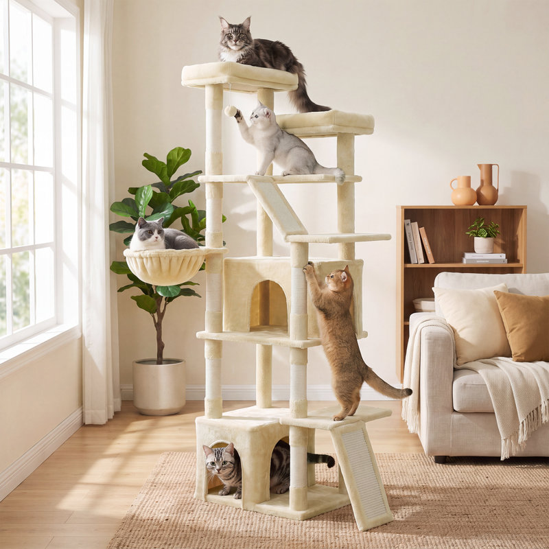 Arbre à chat en sisal beige à 6 niveaux avec condos et hamacs, H 81,6 po x l 22,1 po x P 18,2 po, Beige