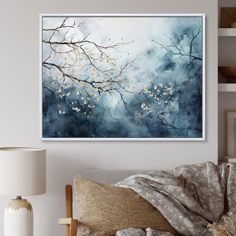 " Winter Tree Minimal Landscape II ", 16" H x 32" W x 1" D, White Floater Framed