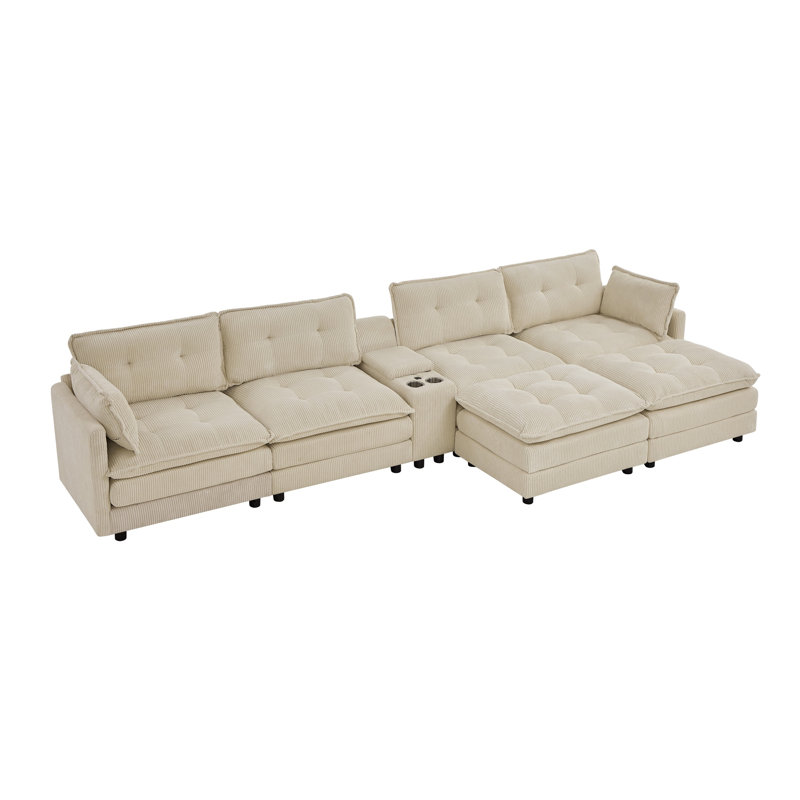 Canapé modulaire en velours côtelé de 154 po en forme de U avec repose-pieds mobile, canapé surdimensionné avec console de chargement USB et siège profond pour le salon