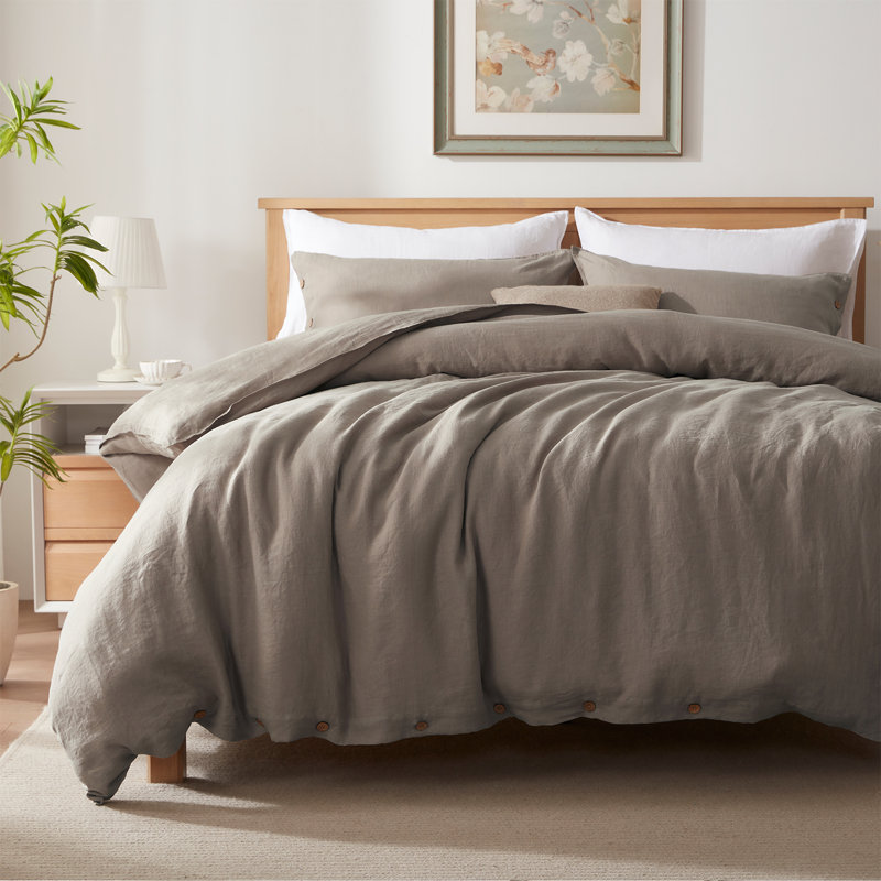 TOSMO 100% Linen Duvet Cover Set with Button Closure,Soft Breathable Durable Farmhouse Bedding, Taupe