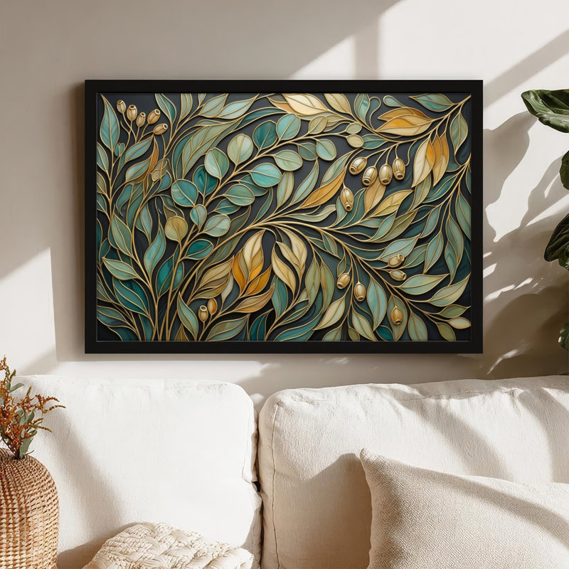 Toile noire encadrée en bois noir pour le salon, la chambre à coucher, le bureau ou le vestibule - décoration murale décorative avec branche feuillue