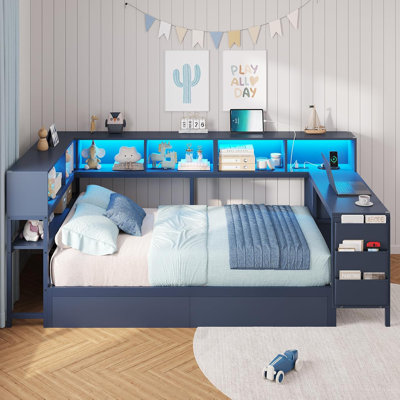 Twin Corner Bed With Bookcase Shelves And 2 Large Drawers,Twin Daybed With Led Lights And Charging Station,Corner Bed Frame With 39.4"L Desk,2 Fabric Drawers & Side Storage Bag ,No Box Spring,Navy Blue