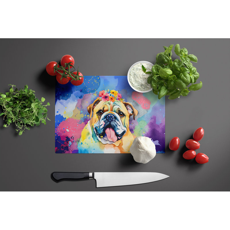 Grande planche à découper en verre English Bulldog Hippie Dawg