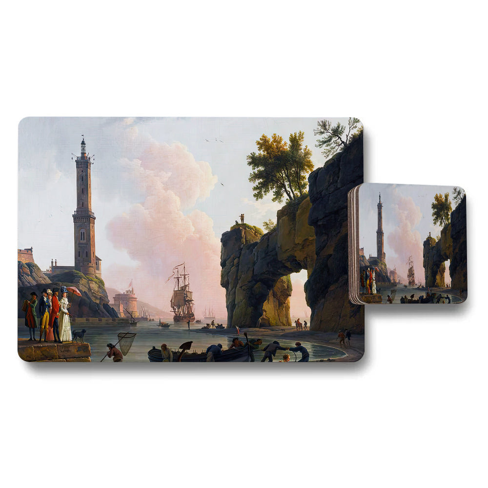 Coastal Harbor Placemats And Coasters Set With Lighthouse Scene