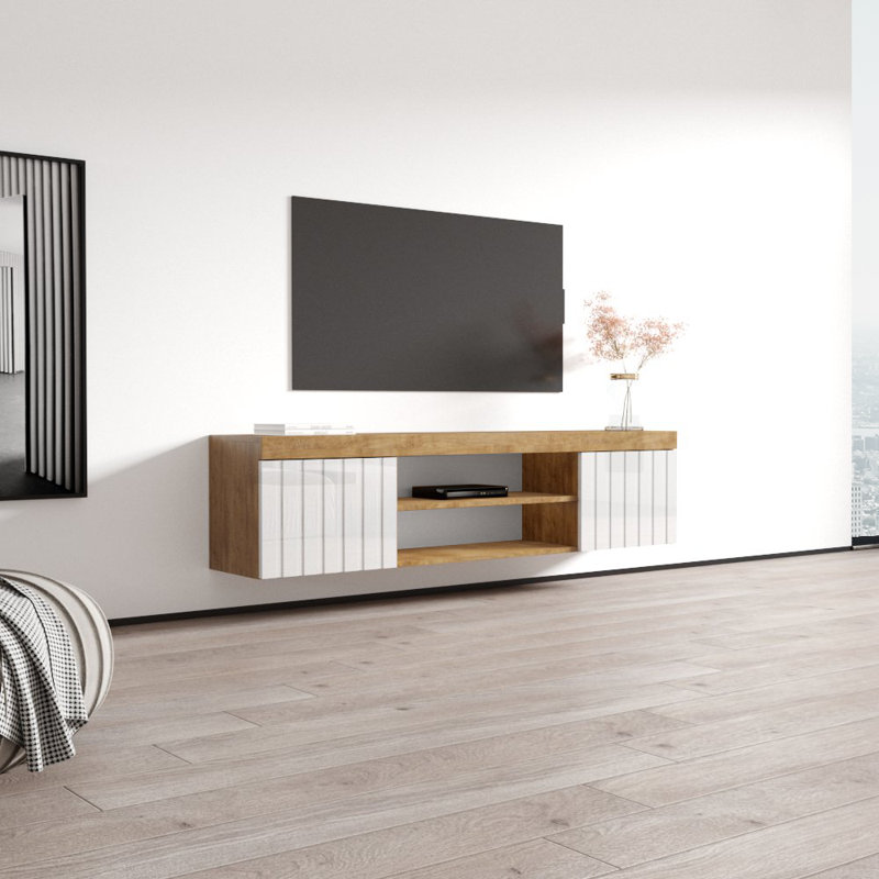 70.9" Modern TV Stand with High Gloss Finish, Oak/White