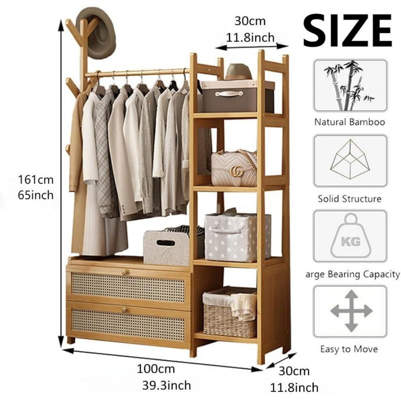 Bamboo 39" W Clothingt Hanging Rack Storage Shelves With Rattan Door