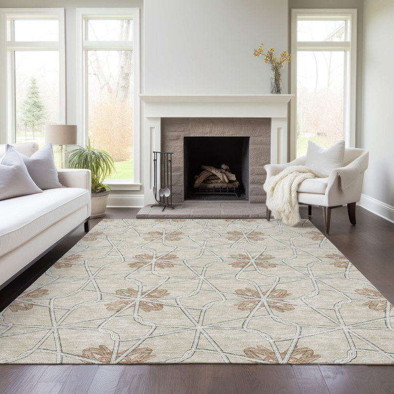 Beige Geometric Machine-Washable Indoor/Outdoor Area Rug 2'6" x 3'10"