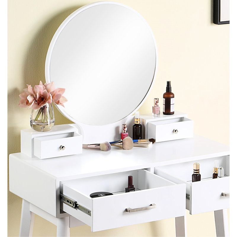 Meuble-lavabo et tabouret en blanc - aspect contemporain, poignée de tiroir en métal, dessus de table de P 15,75 po, conception en H 30,24 po, structure en bois d'hévéa massif, diamètre du miroir de 19,68 po,