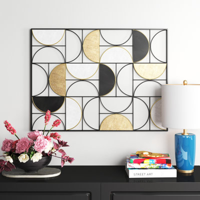 Metal Half Moon Geometric Black Wall Decor with Gold Detailing
