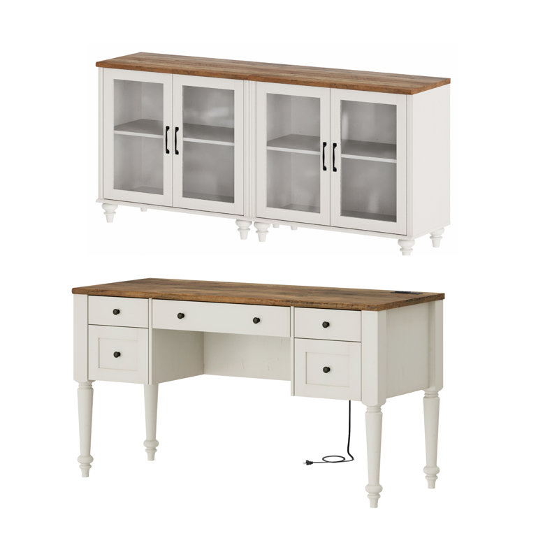 2 Piece Office Set, 56" Executive Desk & Set Of 2 Cabinets With Glass Door, White