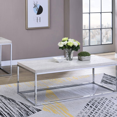 Contemporary Coffee Table With Oak Decoration And Sled Base Finish Metal