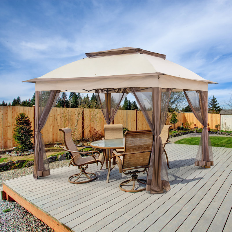 Tan Steel Pop-Up Patio Gazebo with Netting and Air Vent