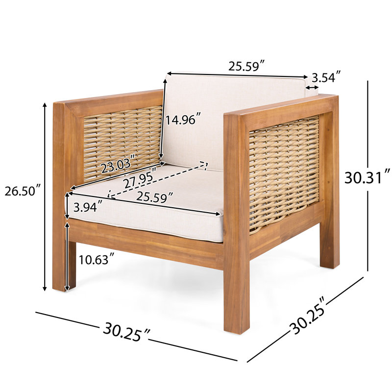 Outdoor Club Patio Chair with Cushions, Teak Wicker/Teak Finish, 1