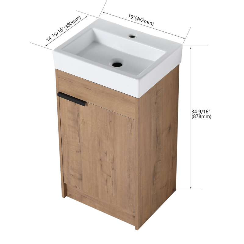 Meuble-lavabo autoportant de 18 po avec lavabo, meuble-lavabo autoportant avec 1 porte et plateau en céramique blanche