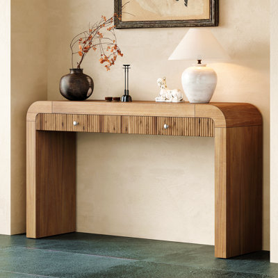 Console avec façade de tiroir cannelée, table d'entrée avec coins incurvés et pieds épais, table de canapé robuste