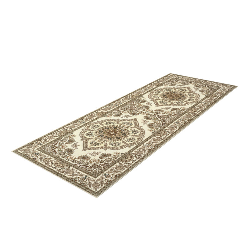 Washable Area Rug, Floral Medallion Low Pile Non Slip Foldable Pearl Velvet Indoor Carpet, Yellow Tone, 2'x6', Runner 2' x 6'