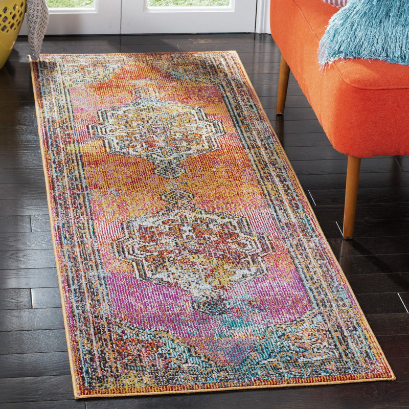 Tapis à motif oriental orange / bleu clair Jara, Tapis de couloir 2 pi 2 po x 9 pi