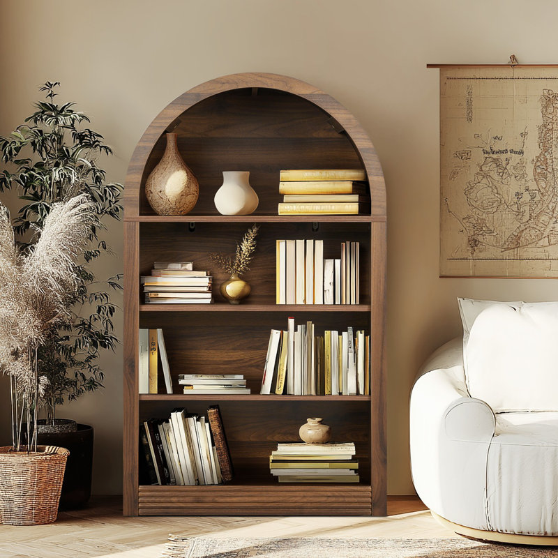 Small Black Bookcase Arched Bookshelf - Walnut