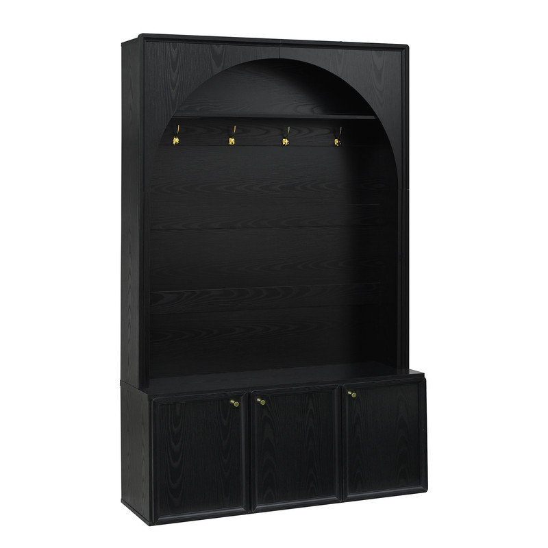 Modern Arched Hall Tree with Storage Bench, 3-Door Shoe Cabinet & Adjustable Shelves, Wood Entryway Organizer with Hooks