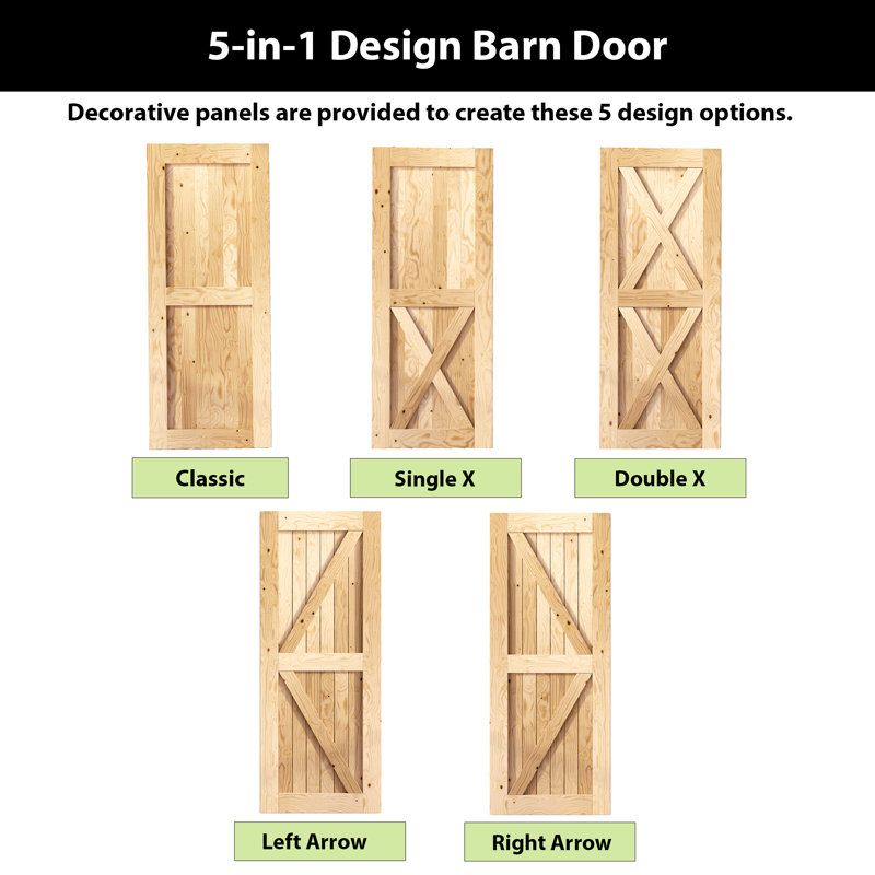 Two Solid Pine Wood Unfinished/Unassembled Barn Door with Black Single Track Bypass Hardware Kit, 72" x 84"