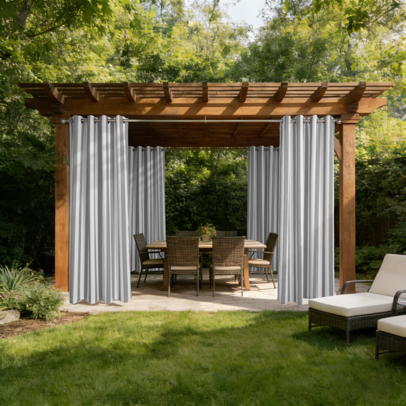 Waterproof Blackout Striped Grommet Outdoor Curtains For Patio, Porch & Pergola, 52" W x 84" L, Ash Gray