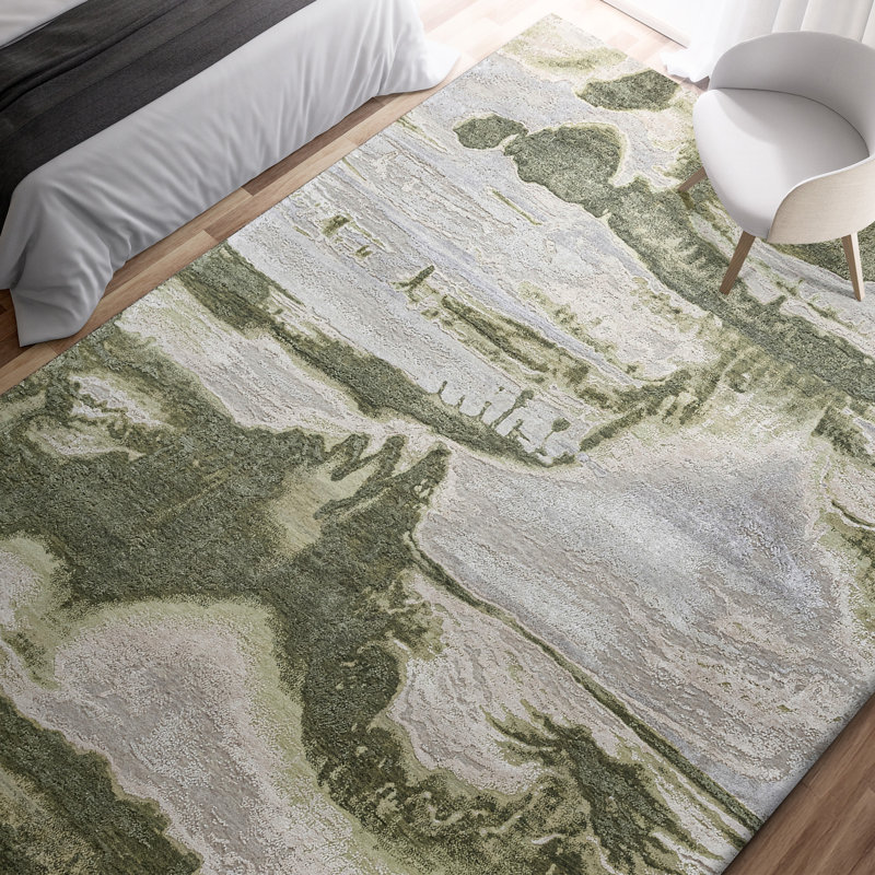 Hand Knotted Abstract Area Rug in Silver/Green, Rectangle 9' x 12'