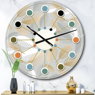 Luxueux motif géométrique de feuilles d'automne - horloge murale moderne Mid-Century
