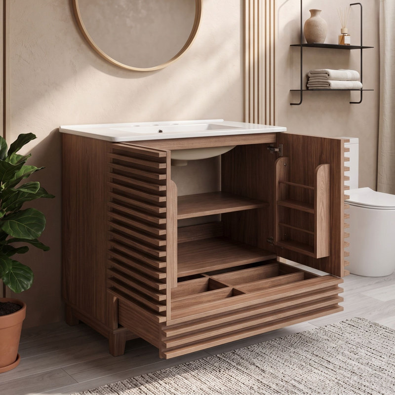 Meuble-lavabo de salle de bain avec lavabo et tiroir en céramique, Walnut Brown