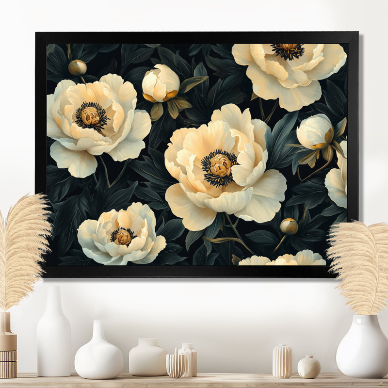 Isamary, noir et beige, pivoines de minuit II - pivoines, art mural, Reproduction encadrée d'une seule photo