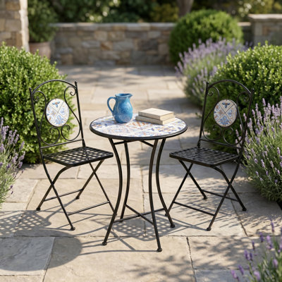 Outdoor Furniture Set 3 - Piece Metal Bistro Set with Mosaic Folding Table and Chairs 2 - Person Patio Dining Set with Round Table (Set of 3)