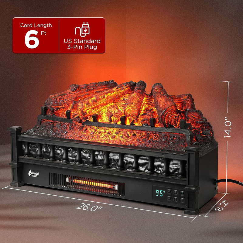 Shrum 26" WiFi Infrared Quartz Electric Fireplace with Sound Crackling, Realistic Pinewood Logs, Timer, 1500W, Black