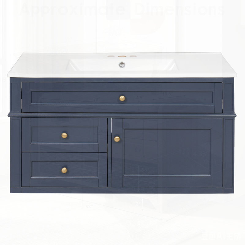 Meuble-lavabo mural avec 2 tiroirs, 1 tiroir basculant, lavabo simple en céramique à 3 trous, armoire de rangement flottante moderne