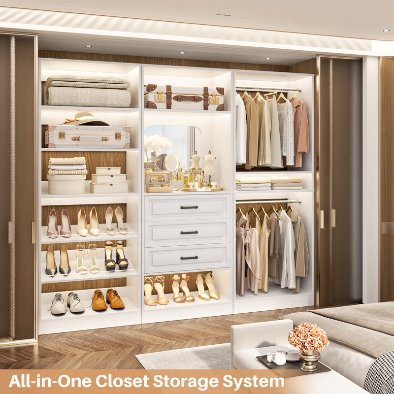 Freestanding Closet System with Mirrors, Drawers and Shoe Racks, White