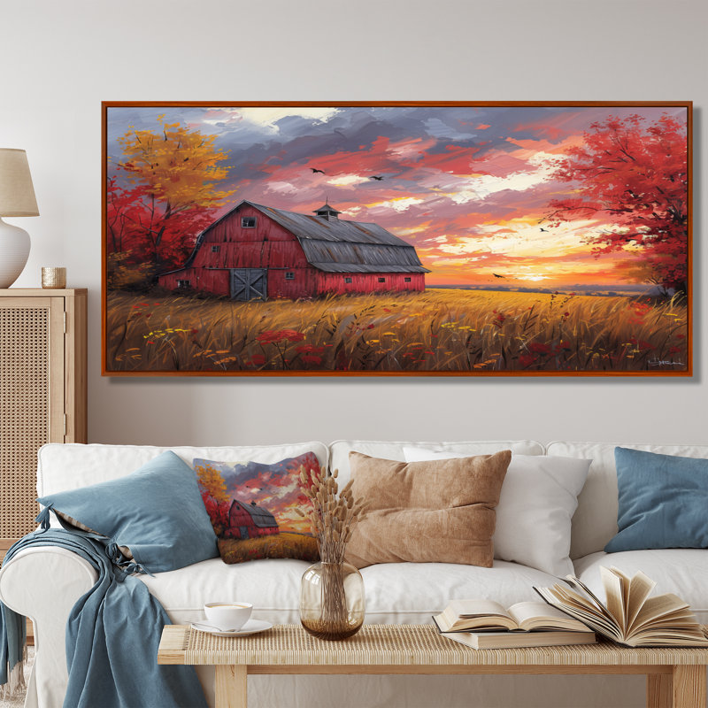 «Autumn Red Barn Breeze II» - reproduction d'art murale grange, Toile avec cadre flottant brun, H 28 po x l 60 po x P 1,5 po