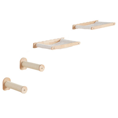 Cat Wall Shelf, 2 Jump Posts & Hammocks, Mounted, 40 Lbs Capacity, Natural Rubber Wood, Safe Play For Felines, Comes With All Accessories