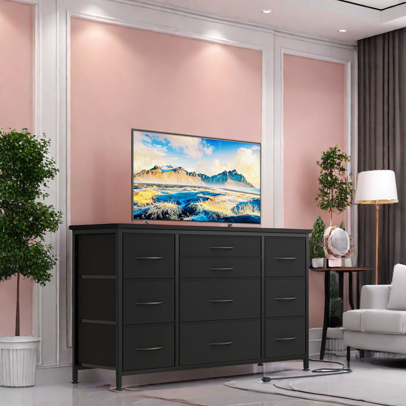 Commode 10 tiroirs avec prise de courant, Noir pur