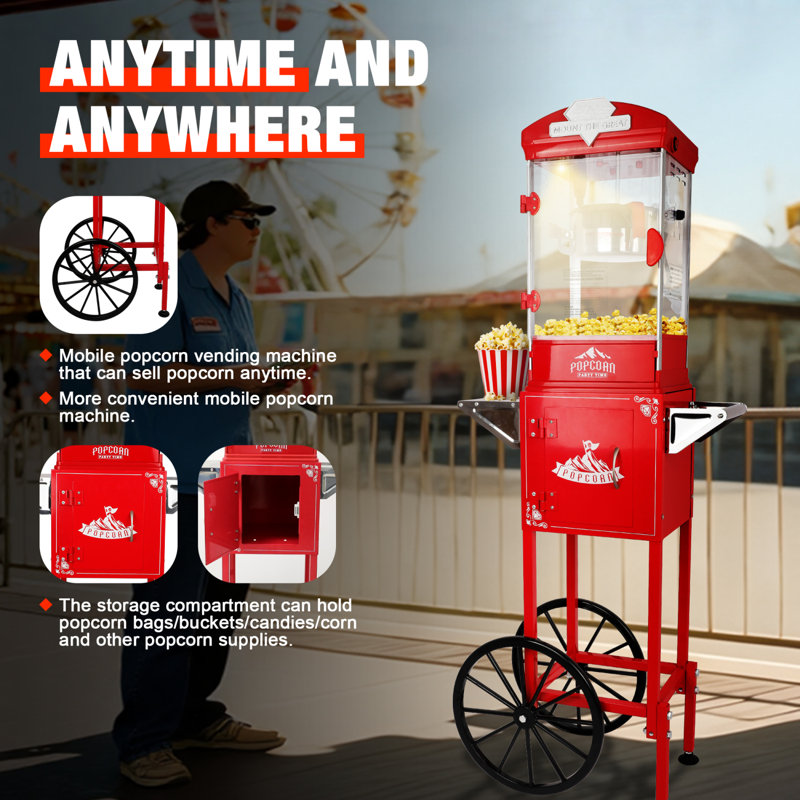 Machine à maïs soufflé avec chariot et bouilloire 10 oz pour cinéma maison, Rouge