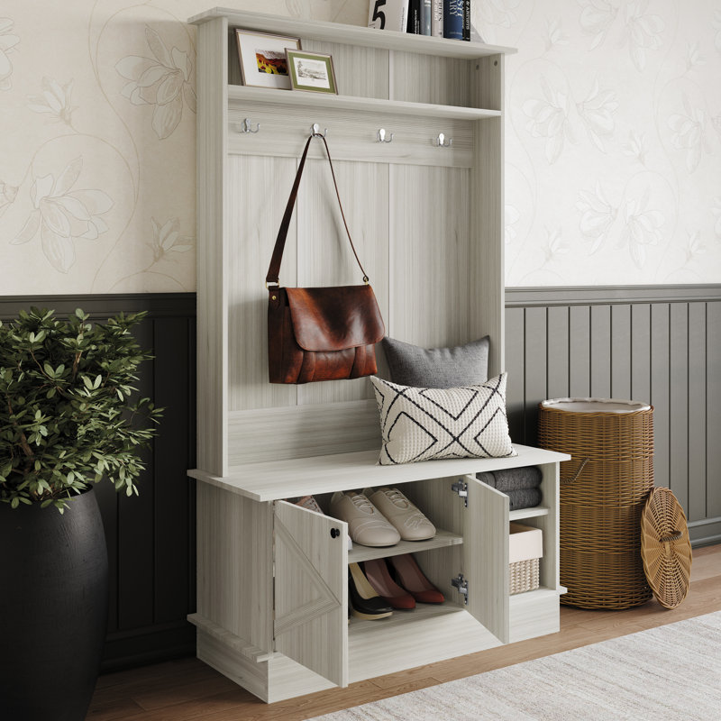 Hall Tree with Storage Cabinet, Light Gray