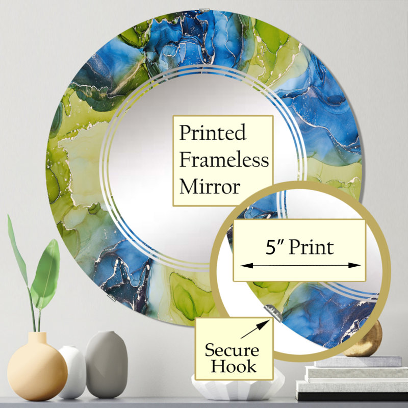 Bleu et vert, art abstrait fluide de luxe - miroir mural moderne, 24 po x 24 po