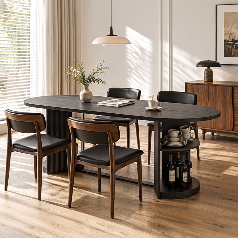 Table de salle à manger ovale extensible moderne 6 places de 180 cm (71 po) avec rallonge papillon, étagères de rangement dissimulées sur les deux côtés et pied central cannelé.