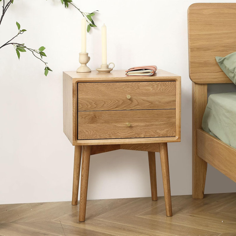 Mid Century Modern Nightstand, Solid Oak Wood Bedside Table With Drawers, Scandinavian Style End Table For Bedroom, Living Room, Office