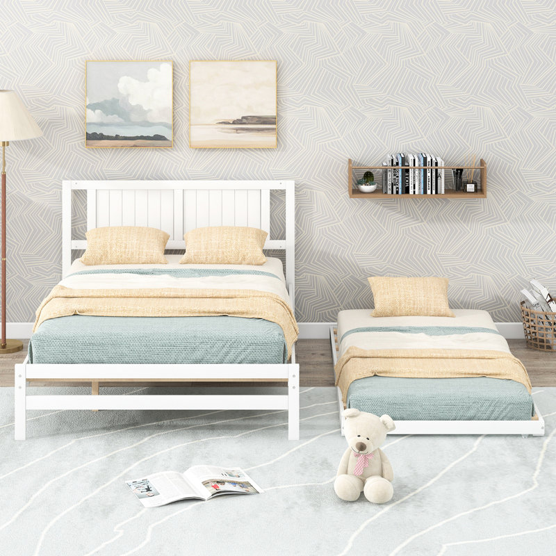 Lit plateforme blanc avec lit gigogne réglable en bois de pin et pour une durabilité à partir de matériaux, Blanc