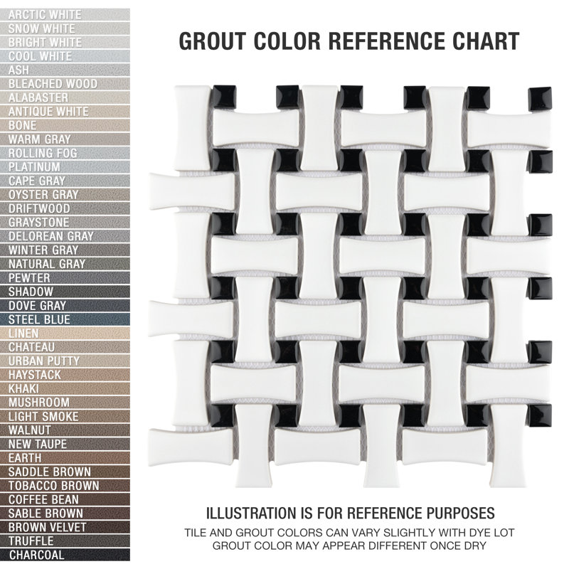 Metro Basket Weave Dog Bone Porcelain Mosaic Wall & Floor Tile, Matte White/Black