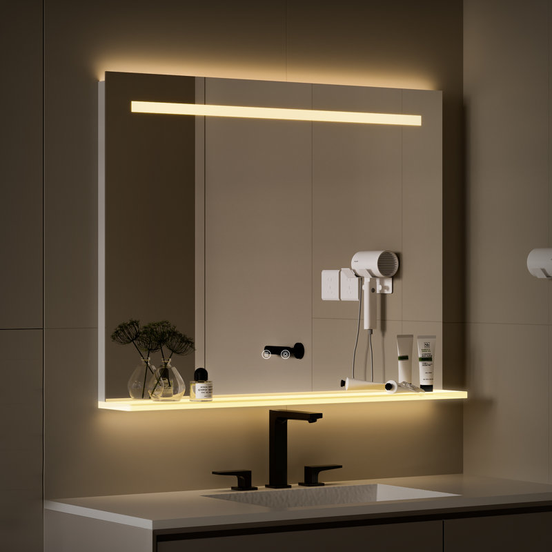 Led Lighted Fog-Free Mirror With Storage Shelf Wall-Mounted Waterproof