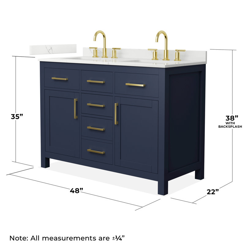Beckett 48" Freestanding Double Bathroom Vanity with Quartz Top, Giotto Quartz, Brushed Gold, Dark Blue