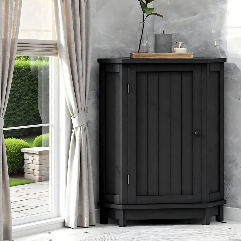 Black Bathroom Cabinet Triangle Corner Storage Cabinet With Adjustable Shelf Modern Style Mdf Board, Black