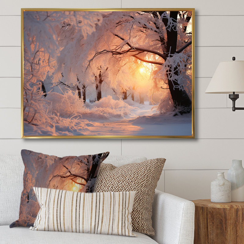 Paysage d'hiver «Frozen Sunlight II» - impressions de paysage d'hiver, 12" H x 20" W, Cadre flottant doré
