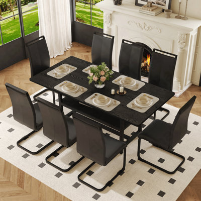 Table And Chair Set.71*35.4 Inch Black Grain Spliced Dining Table With Storage Function In The Middle Of The Table Legs.Paired With 8 Black PU Chairs With C-Tube Black Metal Chair Legs.