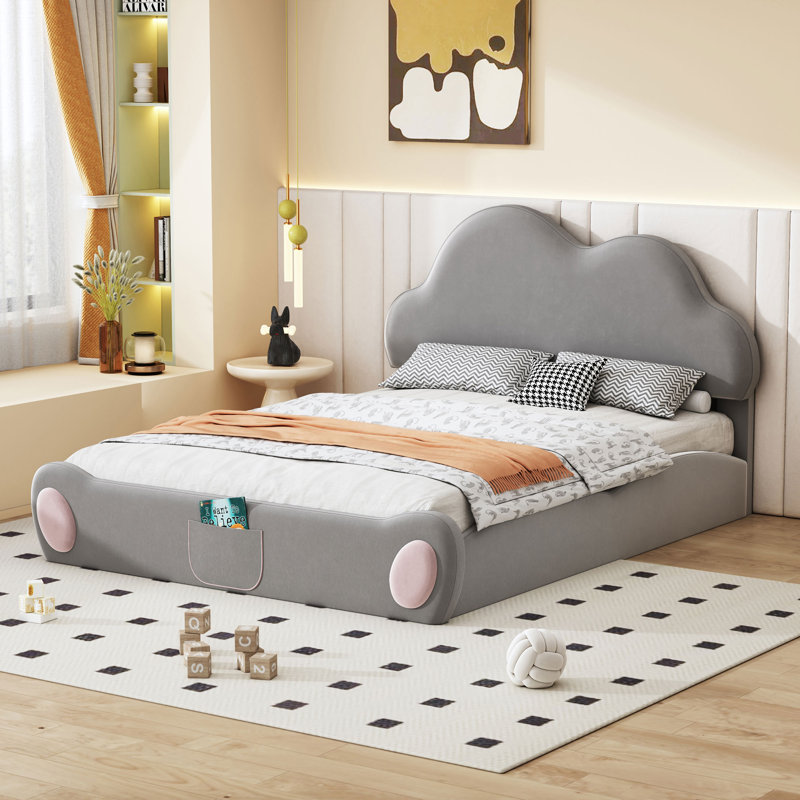 Grand lit plateforme tapissier à tête de lit grand format avec pied de lit arrondi et poche, Gris
